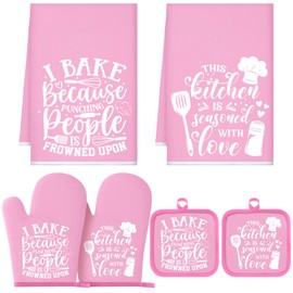 Sratte 6 Pcs Kitchen Decor Accessories Set Farmhouse Towels Pot Holders Oven Mitts Set 2 Dish Towels 2 Potholders 2 Cooking Mittens Oven Glove for Baking Cooking Supply(Pink,Baking)