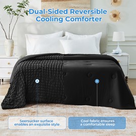 bedsmile Seersucker Cooling Comforter King Size, Q-Max 0.45 Reversible Cooling Blanket for Hot Sleepers, Breathable Lightweight Silk Smooth Summer Bedding, Quilted Ice Blanket, Black