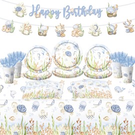 142pcs Under the Sea Birthday Tableware Under The Sea Theme Party Decorations Underwater Sea Life Baby Shower Party Supplies Disposable Banner,Tablecloth,Plates,Napkins,Cups,Forks and Knives