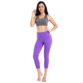 XTUPO High Waist Leggings Capri Soft Slim Yoga Pants Tummy Control Workout Leggings 4 Way Stretch Fabric Purple L