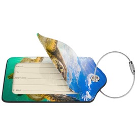 Set of 2 Luggage Tag for Suitcases Leather Hawaiian Green Sea Turtle Baggage Tags with Stainless Steel Loop Privacy Name ID Card Cover Travel Bag Labels Set for Women Men Kids Girls