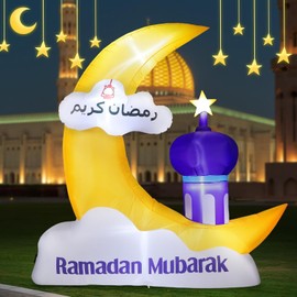 Lewondr 6.10FT Outdoor Inflatable Ramadan Moon Decorations,Waterproof Inflatable Eid Mubarak Decor,Blow Up Muslim Holy Celebration Decor with LED Lights,Muslim Holidays Inflatable for Yard,Yellow Moon