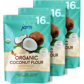 Jans Organic Coconut Flour 1.1 lb (Pack of 3) Gluten-Free | Certified Organic | Keto, Paleo, & Vegan Approved | Ideal Low Carb Substitute | Rich in Fiber | Unbleached & Unrefined | Perfect for Baking