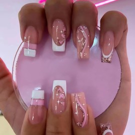 Press on Nails Square Medium Pink Love Heart Stars False Nails with Design Valentine's Day Fake Nails Stripe French Acrylic Nails Full Cover Coffin Artificial Nails, Glue on Nails for Women 24Pcs