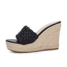 Ermonn Sandalias de cuña de plataforma para mujer, alpargatas trenzadas con puntera abierta, zapatos de tacón alto, Negro -, 10