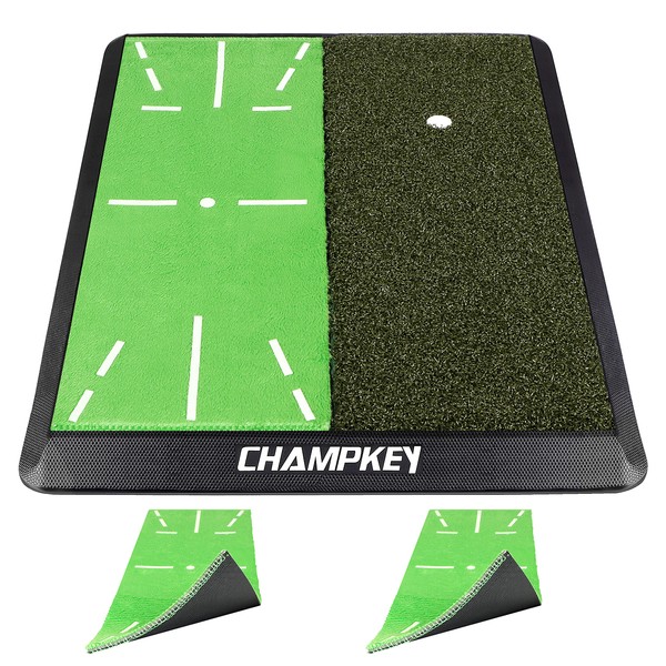 CHAMPKEY Path Feedback Golf Hitting Mat - Pro Nylon Turf and Replaceable Impact Surface Golf Mat - Come with 2 Replaceable Impact Surface, 9 Plastic Tees and Rubber Tee Holder（M (13" x 17")）