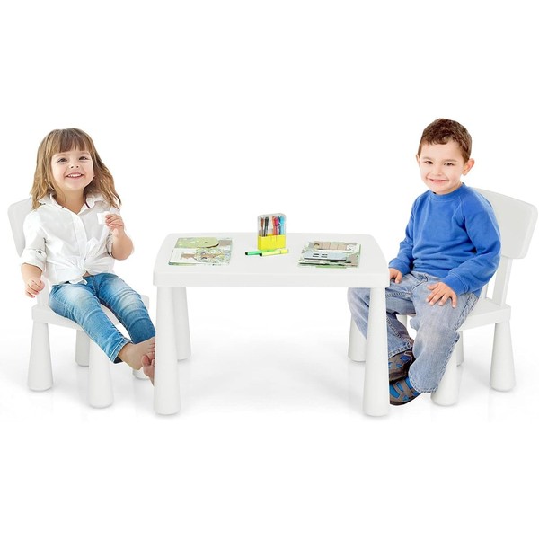 FUTADA Kids Table and Chairs Set, 3-Piece Plastic Children Activity Table for Reading, Writing, Painting, Toddler Furniture for Playroom, Preschool, Home, Gift for Boys Girls (White)