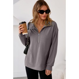 Dokotoo Oversized Sweatshirt for Women Waffle Knit Long Sleeve Shirts Lapel Collar Half Zip Cozy Soft Loose Fit Sweatshirts Pullover Tops Casual Comfy Fall Fashion Outfits Clothes 2025 Grey Medium