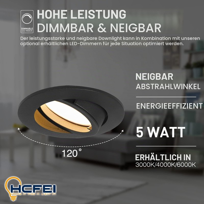 HCFEI LED Recessed Spotlight, Dimmable, Black, Swivelling, 5 W, Flat,