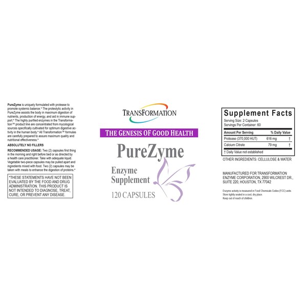 Purezyme, Assists The Body in Maximum Digestion of Nutrients, Production of Energy, and Aid in Immune Support, by Transformation Enzymes - 120 Capsules