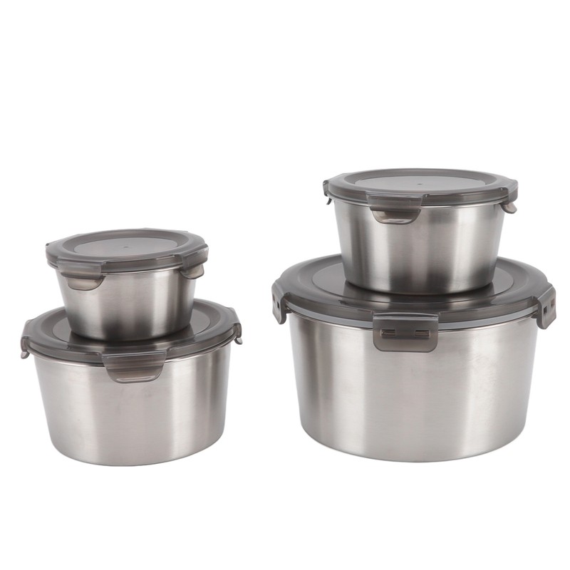4Pcs Stainless Steel Preservation Box Large Capacity Round Food Storage
