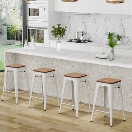 Changjie Furniture Bar Stools Industrial Counter Height Bar Stools Stackable Backless Barstools Set of 4 for Kitchen (30 inch, White)