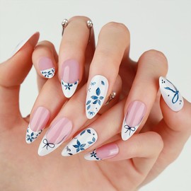 24Pcs Blue Flower Press on Nails Medium Almond French Tip Fake Nails with Bow Design White Glossy False Nails Full Cover Artificial Glue on Nails Spring Summer Stick on Nail for Women DIY Manicure