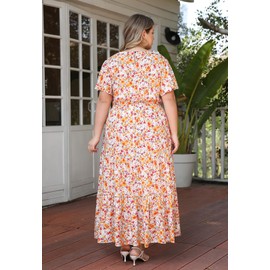 Nemidor Womens Plus Size Boho Ditsy Floral Print Casual Layered Flared Maxi Dress with Pocket NEM304(22,White Yellow)
