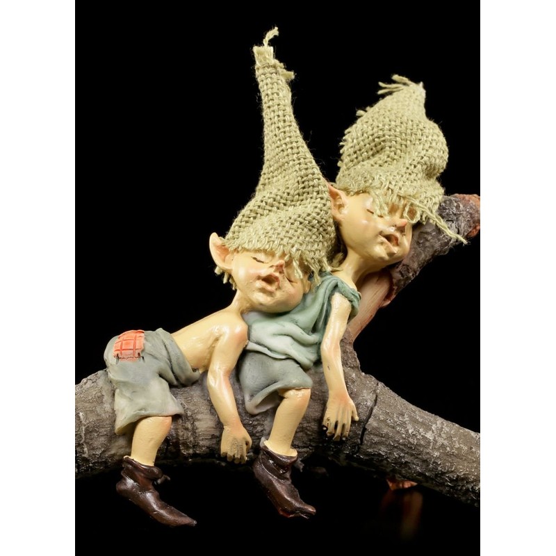 Pixie Goblin Figures Sleeping on Branch, Gnome Dwarfs