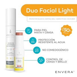 ENVERA | Duo Facial Protector Facial Solar Oil Control 50ml + Barra FPS 50+ con Rubor Natural "Peachy" Bloqueador con Color Piel Grasa | Protección Resistente al Agua | No Comedogénico (Light)