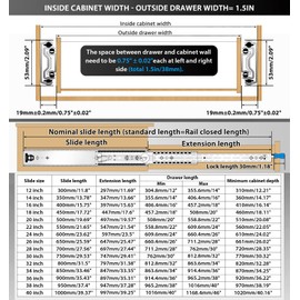 VAGUDE with Lock Heavy Duty Drawer Slides 12 14 16 18 20 22 24 26 28 30 32 34 36 40 Inch 160 Lbs Side Mount Full Extension Ball Bearing Rails Rail Tool Box Runner Glide -W:53mm, 38 Inch