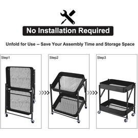 2-Tier Metal Folding Rolling Cart, Mobile Utility Cart Trolley Storage Organizer for Office Home Kitchen Organization, Sofa Side End Table with Wheels, Black