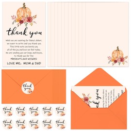 Cholemy 50 Set Pumpkin Baby Shower Thank You Cards with Envelopes Stickers Fall Pumpkin Baby Shower Party Thank You Notes Cards Return Gifts for Guests Gender Reveal Baptism Baby Shower Favor