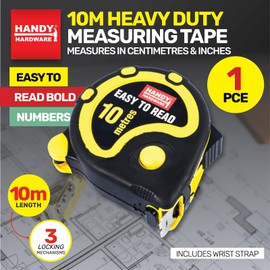 Handy Hardware 10m Heavy Duty Measuring Tape with Wrist Strap, Measures in Centimeters and Inches, Easy to Read Bold Numbers, 3 Locking Mechanism