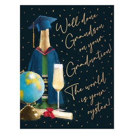 Luxury Graduation Card for Grandson, Gold Foil Design with Champagne and Globe Motif