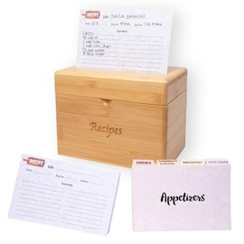 Solid H Bamboo Recipe Box with Cards and Dividers - Elegant Recipe Cards and Box Set Includes 50 Recipe Cards 4x6 and 8 Category Dividers (Pastel)