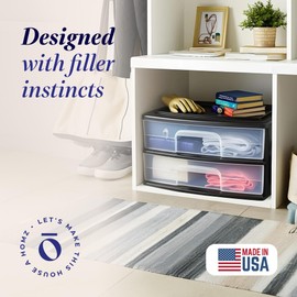 HOMZ 2-Pack 2-Drawer Storage Cart, Clear Plastic Rolling Drawers, Wide Body, Black Frame - Organizing Drawer Containers for Home, Bathroom, Bedroom, Office, and Classroom