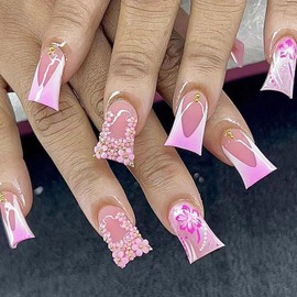 White French Tip Press on Nails Duck Shape Fake Nails with 5D Flower Pearl Designs Pink Blooming Glue on Nails Duckbill Nails Press ons Glossy Artificial False Nails for Girls and Women Manicure 24Pcs