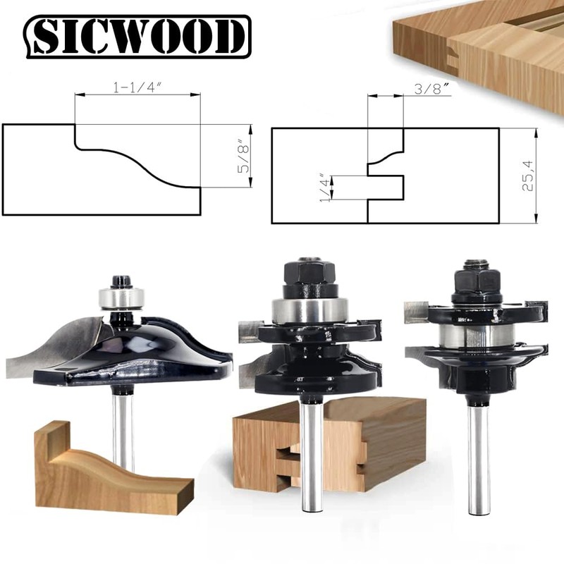 3PCS Cabinet Door Router Bit Set 1/4 Shank, Raised Panel