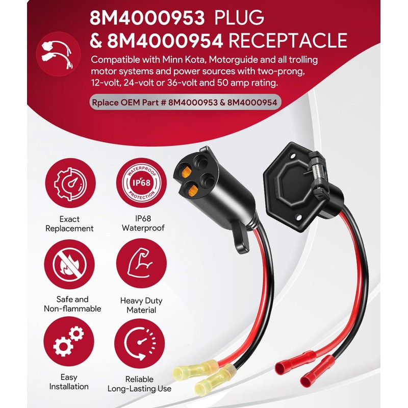 8M4000953 8M4000954 Trolling Motor Guide Power Plug and Receptacle Set,