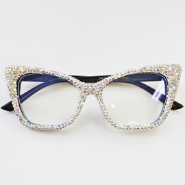 ICARA Rhinestone Cat Eye Reading Glasses Womens Cute Computer Blue Light Blocking Rhinestone Readers Glasses (AB, 2, x)