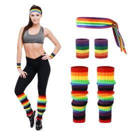 Junely 80s Accessories for Women Neon Leg Warmers Headband and Wristbands Set Knit Legwarmers for Pride Day Ballet Dance Figure Skating Ice Skating Boot Rainbow