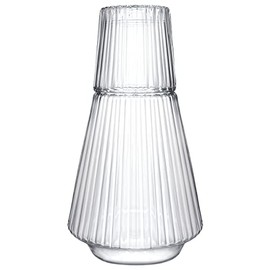 Sizikato 30 Oz Classic Striped Clear Glass Bedside Night Water Carafe with Tumbler Glass.