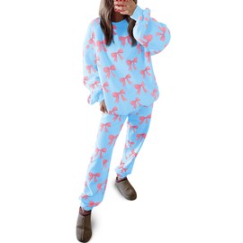 Tankaneo Womens 2 Piece Lounge Sets Bow Printed Sweatsuits Oversized Sweatshirt and Jogger Pants Matching Set Tracksuit, Blue, Medium