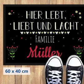 PR Print Royal Doormat with Saying "Lebt Liebt Lacht" - Familie - Self Design with Name of Choice - Many White Hearts 60 x 40 cm