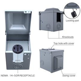 Miady 50 Amp 125/250 Volt RV Power Outlet Box, Enclosed Lockable Weatherproof Outdoor Electrical NEMA 14-50R Receptacle Panel, For RV Camper Travel Trailer Motorhome Electric Car Generator.