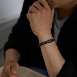 SHIEAGLELD Men's Leather Bracelet, Braided Genuine Leather, Wide Wrap Bracelet, Stainless Steel Magnetic Clasp, Great Gift Idea for Men, Stainless Steel