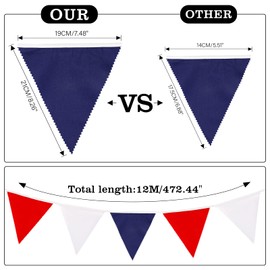 G2PLUS 12M Red Blue and White Fabric Bunting Banner, 19x21CM Large Cotton Triangle Flag Garland with 42PCS Decoration Pennants for King Charles Coronation Decoration