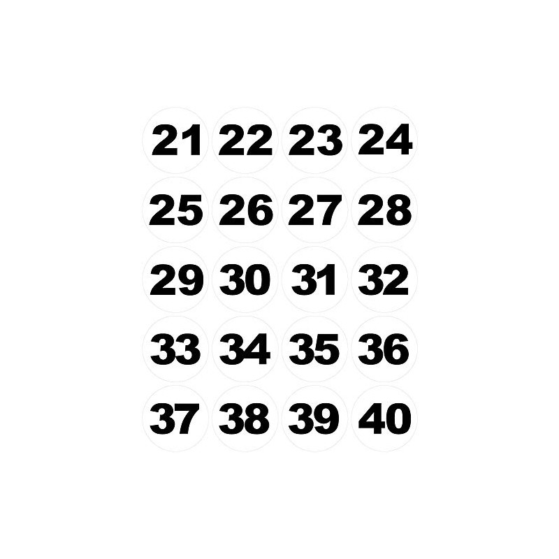 Round Number Stickers 50 mm White/Black (No. 21-40)