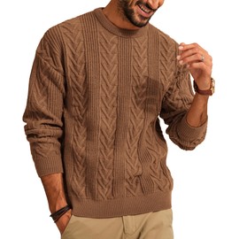 PJ PAUL JONES Mens Casual Pullover Sweater Crew Neck Knitted Sweaters Long Sleeve Textured Sweaters 2023 Brown XL