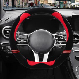 Binsheo 14 inch Furry Cute D Shaped Steering Wheel Cover, Soft Fluffy Short Plush Auto Accessories, Non-Slip Cold-Proof Sweat-Proof Colorfast(Black with Red)