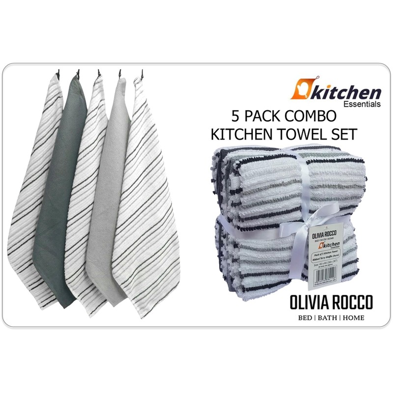 Olivia Rocco 5 Pack Striped Kitchen Tea Towels Cotton Super