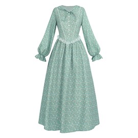 LTAKK Colonial Dress Women Pioneer Costume Pilgrim Prairie Dresses Floral Civil War Dress with Bonnet and Apron, Green, Medium