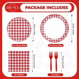 Grencian 200Pcs Red Gingham Party Supplies Red and White Buffalo Checked Plaid Plates and Napkins Disposable Gingham Dinner Tableware for Birthday Picnic BBQ Baby Shower Party Decorations, Serves 50
