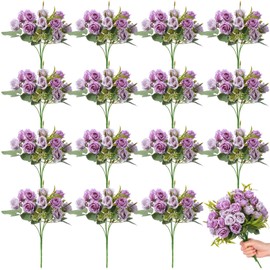 Zeyune 16 Bunches 12 in Artificial Mini Rose Bouquet 160 Heads Bridal Flower Bouquets Fake Silk Rose Bulk for Home Office Garden Wedding Valentine's Day Christmas Decoration(Purple and Light Purple)