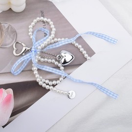 Guqqeuc Bow Ribbon Keyring Pearl Keychain for Women Girls Y2k Bow Key Ring for Car Keys Pearl Bow Bag Charm Handbag Accessories for Women Girls Ribbon Bow Knot Keychain for Bag Handbag Phone