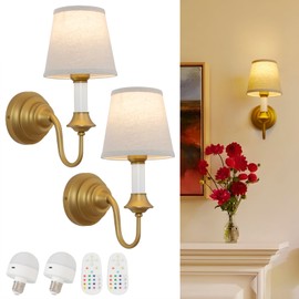 Teqinchy Battery Operated Wall Sconces Set of 2,Gold Rechargeable Wall Sconce with Dimmable Bulbs and Remote 12 Colors Cordless Wall Lamps for Bedroom Living Room Hallway,Rustic Linen Fabric