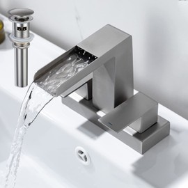 HAMOLER 4 Inch Centerset Waterfall Bathroom Faucet 3 Hole Lavatory Vanity Sink Faucet Two Handles Modern Sink Faucet with Overflow Pop Up Drain, Brushed Nickel
