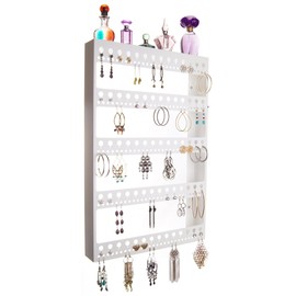 Angelynn's Wall Mounted Big Earring Holder Organizer Display Long Post Stud Large Dangle Hoop Pierced Earrings, Hanging Closet Jewelry Storage Rack with Shelf, Nichole White 14 1/2"x22"