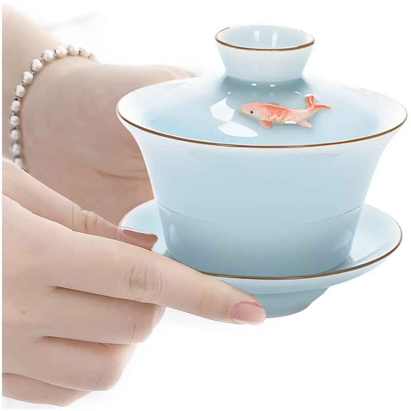 Hormsdar Yixing Handmade Celadon Colorful Koi Fish Gaiwan,Chinese Gongfu Tea
